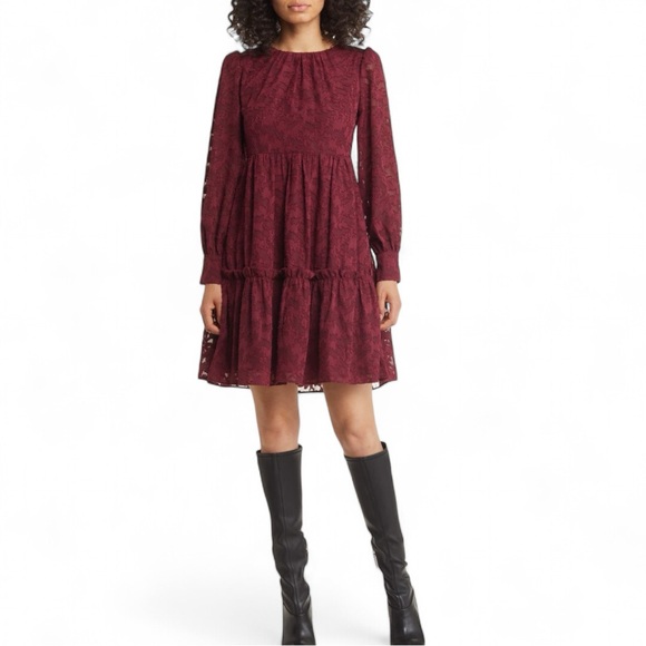NWT Eliza J Floral Lace Long Sleeve Tiered Dress Wine Maroon Ruffle Size 6 - Picture 3 of 14